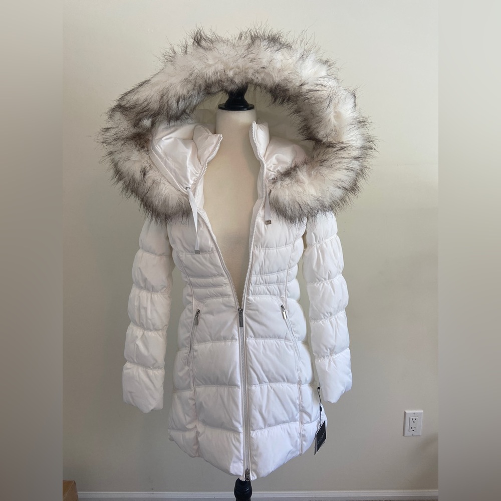NWT Laundry pure white winter jacket coat leopard accent trim